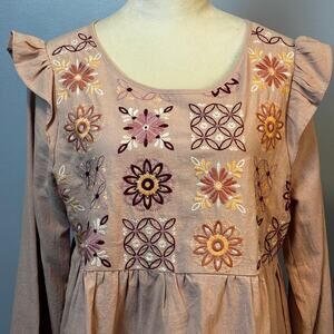 Savanna Jane Embroidered Baby Doll Blouse Boho Peasant 100% Cotton Large